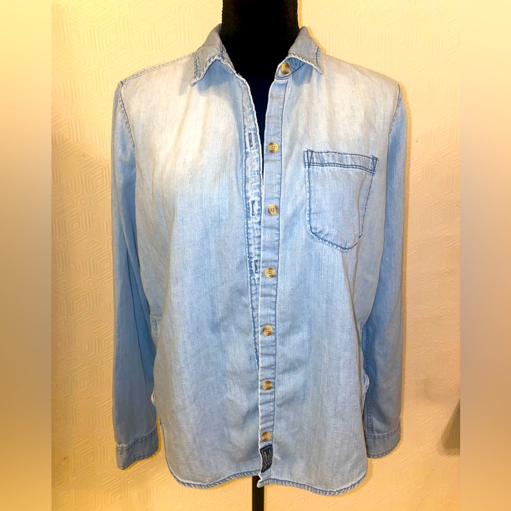 Light blue denim button up womens top